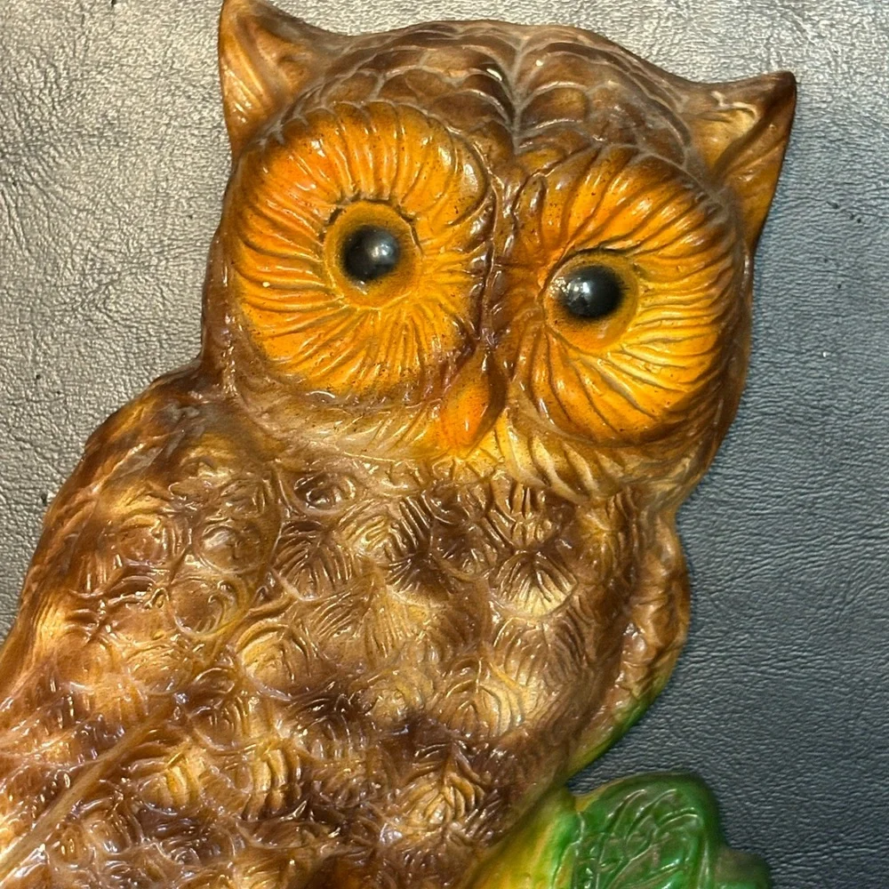 Set of Vintage 1970’s Chalk Owl Wall Hangings - Brown & Orange with Green Leaves